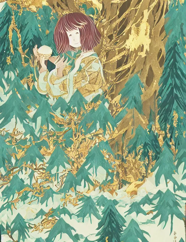 Prompt: spirit of ice cream lost in a forest. this gouache and gold leaf work by the award - winning mangaka has a beautiful composition and intricate details.