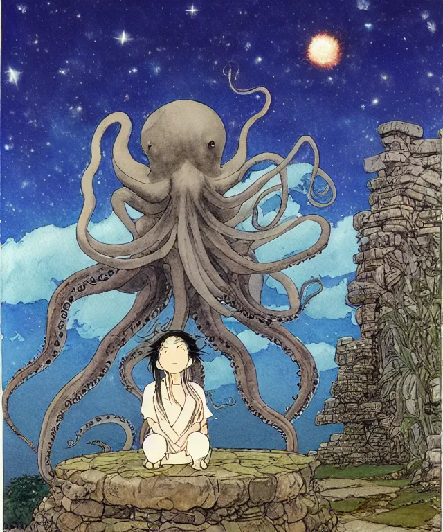 Prompt: a hyperrealist studio ghibli watercolor fantasy concept art. in the foreground is a giant long haired grey octopus sitting in lotus position on top of stonehenge with shooting stars all over the sky in the background. by rebecca guay, michael kaluta, charles vess