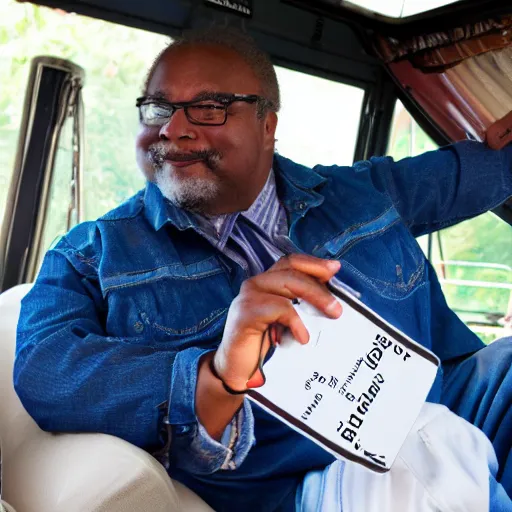 Prompt: african american male school bus driver with dreads, and chubby legs, nametag