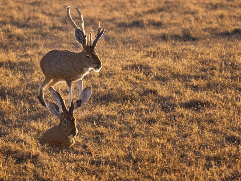 Prompt: a photograph of a jackalope grazing in a field, by national geographic, ultra real, 8 k, high resolution, golden hour, depth of field, nature photography