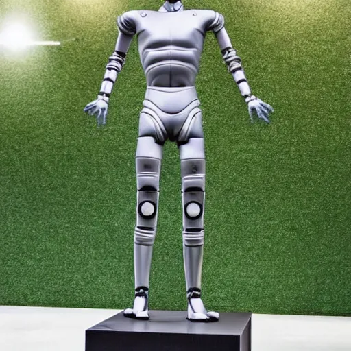 Image similar to a realistic detailed photo of a guy who is an attractive humanoid who is half robot and half humanoid, who is a male android, soccer player timo werner, shiny skin, posing like a statue, blank stare, by the pool, on display, showing off his muscles, humanoid robot, frozen ice statue, made of ice