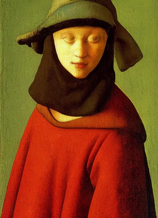 Image similar to red hat, medieval painting by jan van eyck, johannes vermeer