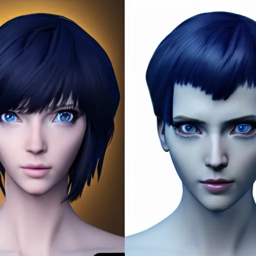 Image similar to « portrait, attractive, blue eyes, black hair, middle length hair, ghost in the shell, front view, unreal engine 5 »