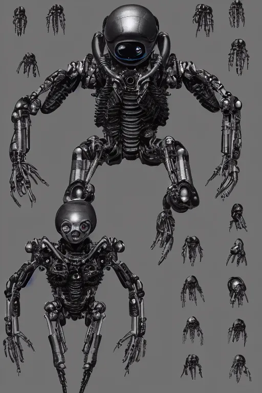 Prompt: cyborg space spider with gunmetal grey skin, medical anatomy, cyberpunk face, highly detailed, japanese, mecha asthetic, mechanical implants, three - view reference sheet ( front / back / side ), in the style of dan ouellette, dren from splice, hr giger, sil from species, artstation, unreal engine