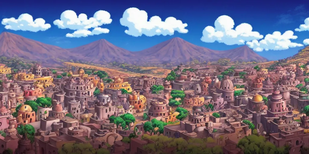 Image similar to background plate matte painting ghibli miyamoto pixar dreamworks vista guanajuato mexico.