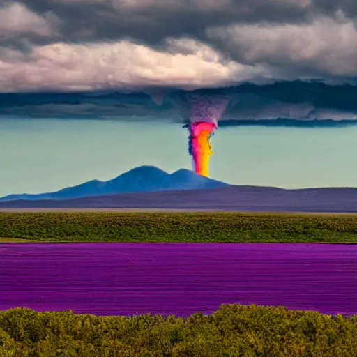 Image similar to a tornado colored purple in the distant landscape