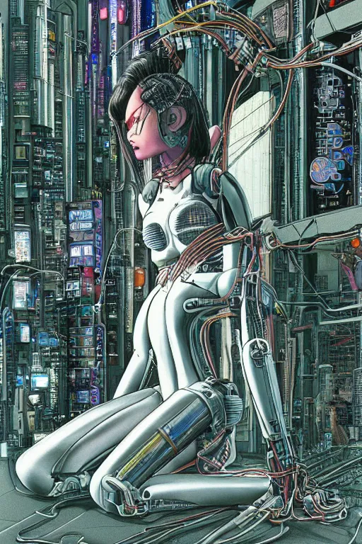 Image similar to an hyper-detailed cyberpunk illustration of a female android kneeling on the floor in a tech labor, seen from the side with her body open showing cables and wires coming out, by masamune shirow, Yukito Kishiro and katsuhiro otomo, japan, 1980s, centered, colorful