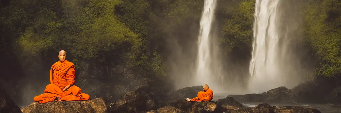 Image similar to dang ngo, annie leibovitz, steve mccurry, a simply breathtaking shot of mediating monk in orange, giantic waterfall, sunshine, golden ratio, wide shot, symmetrical