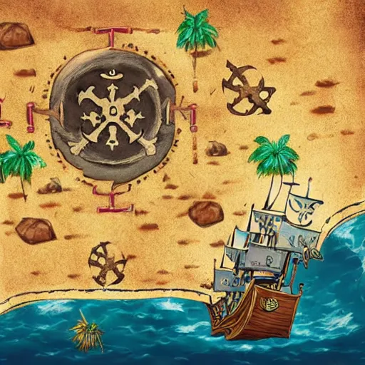 Image similar to pirate treasure map with an x marking the spot, concept art, illustrated, highly detailed, high quality, bright colors, optimistic,