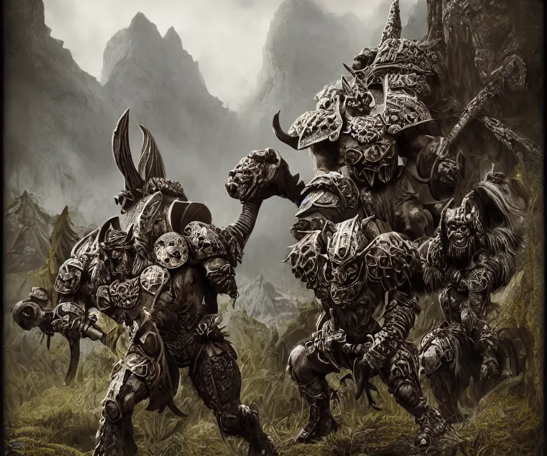 Image similar to trailcam footage grotesque horrific stylistic vray 3 d render of warhammer, silver ornate armor slim bodybuilder warriors, mountains and giant gothic abbeys, hyperrealism, fine detail, 8 k, artsation contest winner, cgsociety, fantasy art, cryengine, brush strokes, oil canvas by mandy jurgens and michael whelan