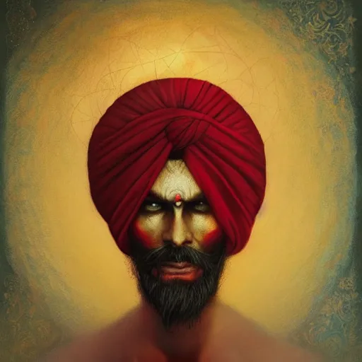 Image similar to old indian guru, turban, creepy, red and gold, meditation, by Anato Finnstark, Tom Bagshaw, Brom