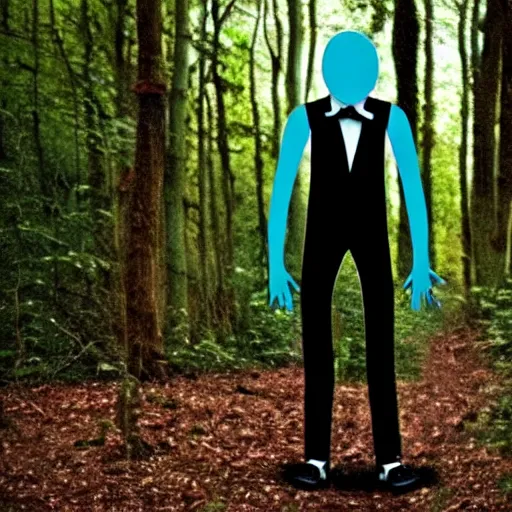 Image similar to overweight slenderman in the woods.