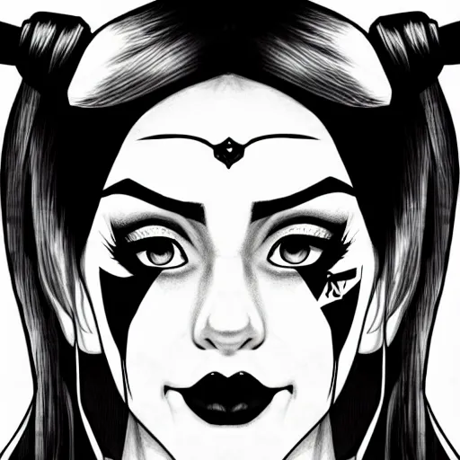 Image similar to a pretty harley quinn headshot portrait, drawn in black and white ink, manga panel style, wlop, trending on artstation