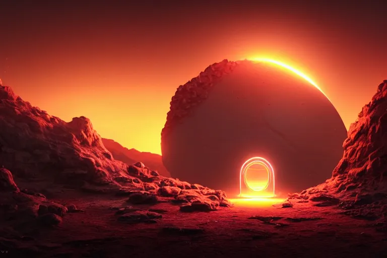 Image similar to a single distant fleshy glowing portal opens up in an otherwise dark and desolate landscape : retro, sci - fi, surrealism, vaporwave, concept art, 4 k, ultra hd, very detailed, digital art