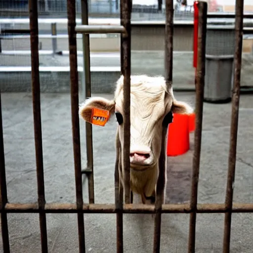 Image similar to cute calf dressed as an inmate behind bars