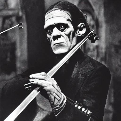 Image similar to UHD candid photo of Frankenstein playing violin, with accurate face, UHD, photorealistic, correct face, real strativarius, photo by Annie Leibowitz