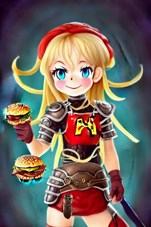 Image similar to A cute spaghetti-girl thief protagonist with leather-strap-armor and ninja weapons is exploring the tenth reality. A highly detailed fantasy character in the style of a McDonald's Burger