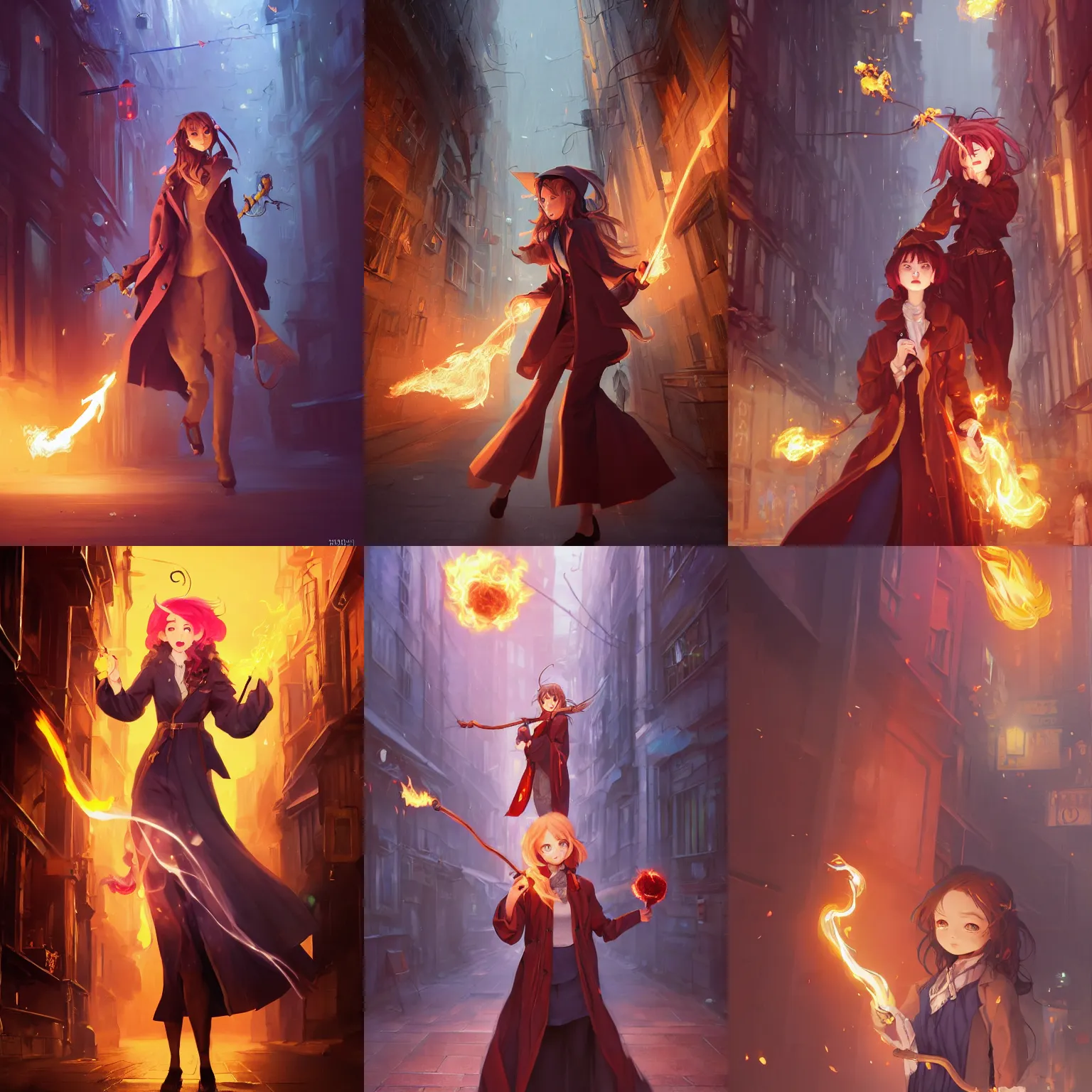 Prompt: a portrait of a cute female wizard wearing a flowing very stylish trenchcoat, grasping a fireball and a staff in her hands, embers flying, urban fantasy setting, narrow street, vivid colors, warm lighting, atmospheric, cinematic, moody, in the style of Ilya Kuvshinov and Range Murata, Krenz Cushart, oil on canvas, 8k