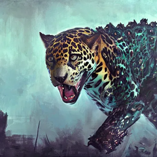 Prompt: jaguar and crocodile morphed together, hybrid mutant animal, jeremy mann painting