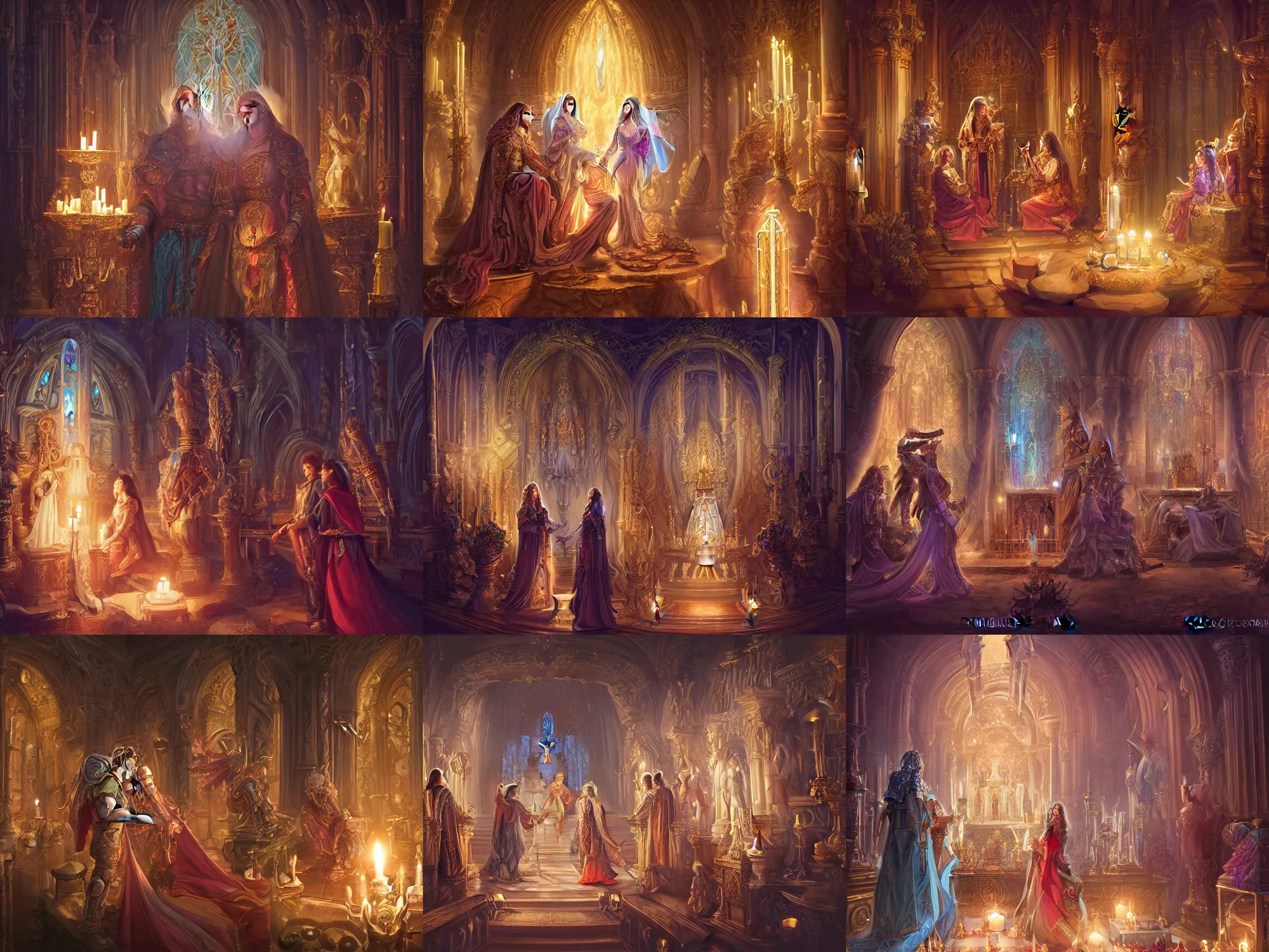 Prompt: wedding picture of cryomancer and paladin, in a highly detailed holy temple, altar, candles, beautiful memories, high fantasy, colorful, lesbians, highly detailed faces, high details, ornamental, exquisite, sharp focus, chiaroscuro, digital painting, by rossdraws