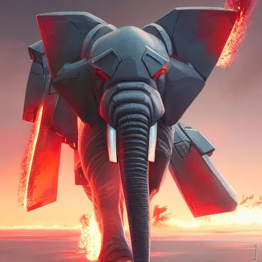 Image similar to elephant as a gundam, galvanized by fire, sharp focus, 8 k illustration, highly detailed, digital painting, concept art by art by wlop and artgerm and ross tran and greg rutkowski, masterpiece