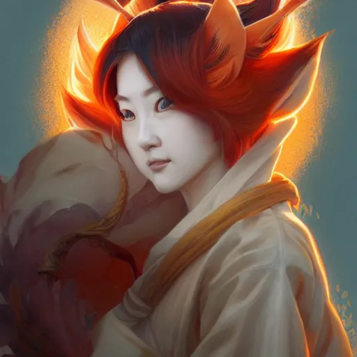 Prompt: japanese fox goddess, d & d, nine tails, orange and white color palette, wearing a hoodie, highly detailed, digital painting, artstation, concept art, sharp focus, illustration, cinematic lighting, art by artgerm and greg rutkowski and alphonse mucha