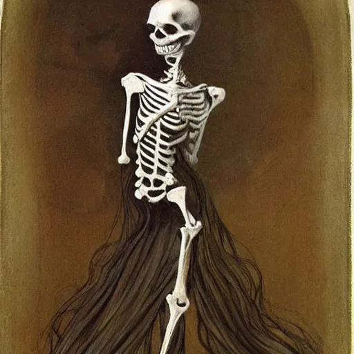 Prompt: a beautiful skeleton woman with long flowing hair, colored image, old masters style