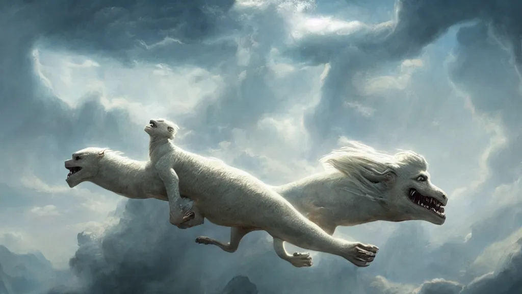 Image similar to falkor flying through the nothing. the neverending story movie. greg rutkowski. sunlit undertones. 3 8 4 0. 2 1 6 0.