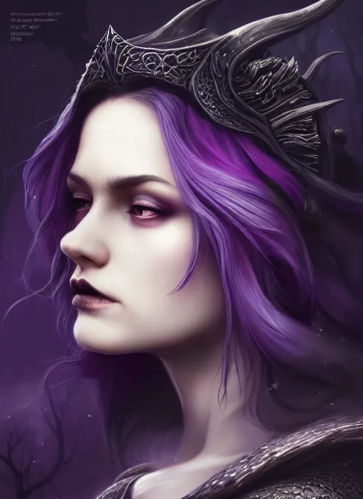 Prompt: side portrait dark witch, adventurer outfit large cloak, fantasy forest landscape, dragon scales, fantasy magic, undercut hairstyle, short purple black fade hair, dark light night, intricate, elegant, sharp focus, illustration, highly detailed, digital painting, concept art, matte, art by wlop and artgerm and ivan shishkin and andrey shishkin, masterpiece