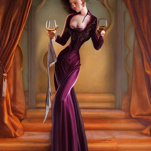 Prompt: a detailed fantasy character painting of woman in the evening dress holding a wine glass, by lauri blank, artgerm, evelyn de morgan, 8K, 50mm lens