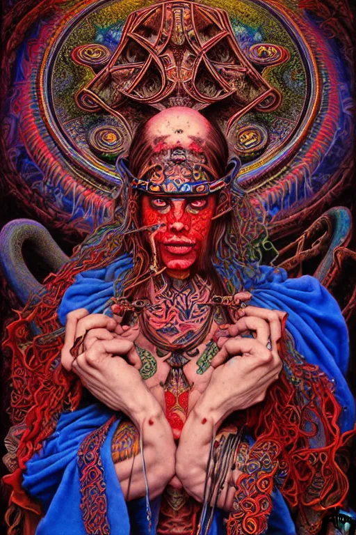 Prompt: psychedelic shaman, red and blue, wearing celtic tattoos, inside an epic, ancient temple, ayami kojima, greg hildebrandt, mark ryden, hauntingly surreal, eerie vibrating color palette of charlie immer, highly detailed painting by, jenny saville, soft light 4 k