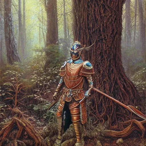 Image similar to a detailed, beautiful oil painting of a warrior wearing intricate, etched copper armor in an ancient forest, by michael whelan