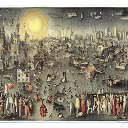 Prompt: a city in chaos painting by heirnonymus Bosch