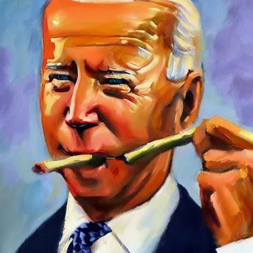 Prompt: oil painting of joe biden smoking a cigar, bright, impressionist colors