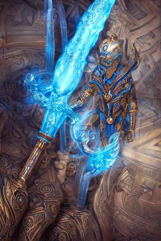 Prompt: an ornate and royal egyptian old twisted ornate carved wooden wizards staff weapon with a radiant blue crystal on top tip hovering, unreal engine, hyper realism, realistic shading, cinematic composition, blender render, octane render, hdr, detailed textures, photorealistic, 3 5 mm film, fantasy greg rutkowski digital painting, giger