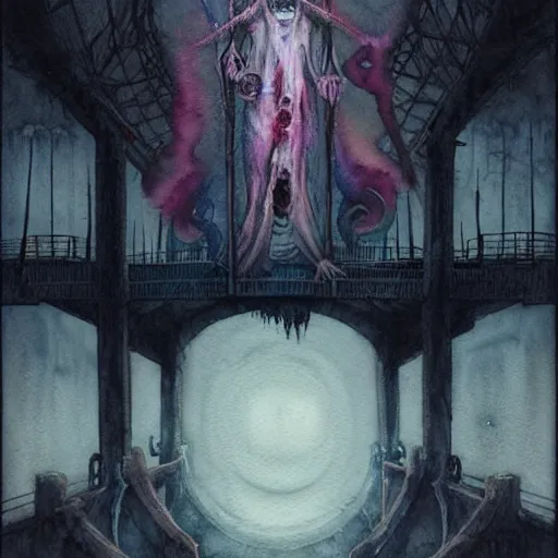 Image similar to watercolor horror spiritual dmt art in dark and muted colors, disturbing grunge still of a lovecraftian demon infested guy on a bridge, by arthur adams, by tom bagshaw, by henry asencio, by kikuchi hideyuki