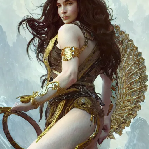 Image similar to fullbody portrait of a fantasy female warrior, intricate, elegant, highly detailed, digital painting, artstation, concept art, matte, sharp focus, illustration, art by Artgerm and Greg Rutkowski and Alphonse Mucha