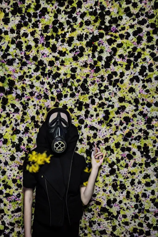 Prompt: a surreal portrait of a woman wearing gas mask falling into a wall of black flowers in the style of brooke didonato, editorial fashion photography from vogue magazine, full shot, nikon d 8 1 0, ƒ / 2. 5, focal length : 8 5. 0 mm, exposure time : 1 / 8 0 0, iso : 2 0 0