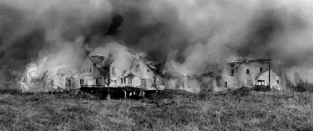 Image similar to film mirror (1975) by andrei tarkovsky, house engulfed by sea of flame, evening