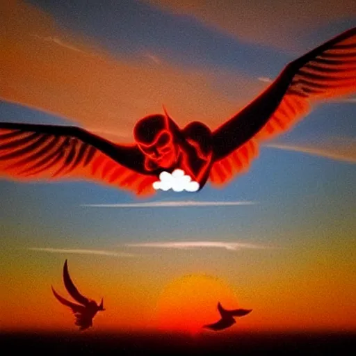 Image similar to devil falling down from clouds while it's sunset and all the birds are watching the miracle