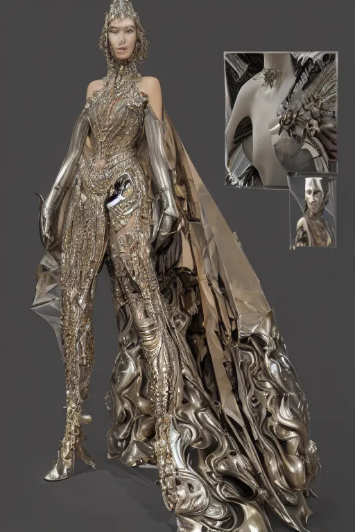 Image similar to a highly detailed 4 k render portrait of a tall beautiful alien goddess bella hadid in iris van herpen dress schiaparelli armor in diamonds and lots of jewelry in style of alphonse mucha trending on artstation made in unreal engine 4