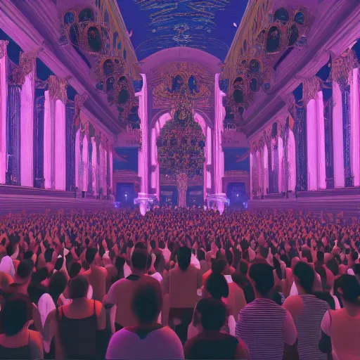 Image similar to a large crowd of people at a concert, a screenshot by alesso baldovinetti, cg society, maximalism, sanctuary, hall of mirrors, glowing neon