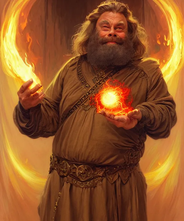 Prompt: brian blessed as a fantasy dwarf wizard, casting a fireball spell, portrait, fantasy, intricate, elegant, highly detailed, digital painting, artstation, concept art, smooth, sharp focus, illustration, art by artgerm and greg rutkowski and alphonse mucha