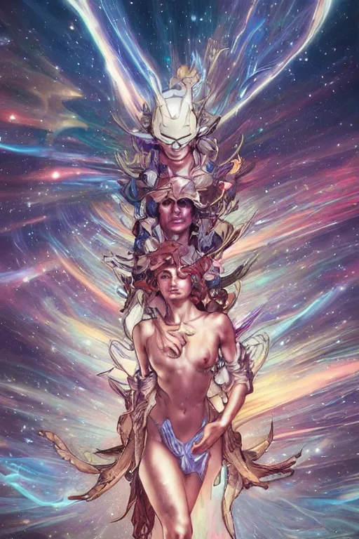Prompt: faster than light we travel in time through the wormhole, by artgerm and yoshitaka amano and moebius and alphonse mucha, hyperdetailed, dc comics, ornate, nebula, explosions in the sky, trending on artstation