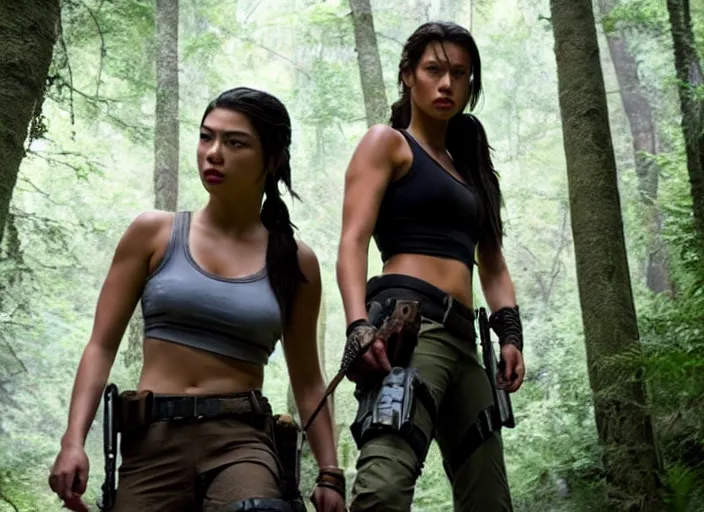 Image similar to film still of!!!! amber midthunder!!! as lara croft in new tomb raider movie, 8 k