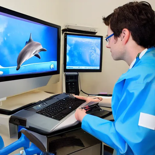 Image similar to A dolphin wearing a chemist outfit playing games on a computer