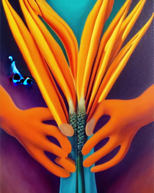 Prompt: neo-surreal painting of hyperrealistic veiny human hands holding Birds of Paradise flowers dali robert steven connett dramatic orange light 8k high angle shallow depth of field