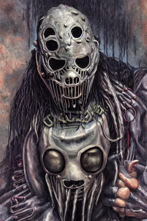 Prompt: a full body high detail fantasy portrait oil painting illustration of slipknot band by justin sweet with face and body clearly visible, in a scenic background, insane, realistic proportions, d & d, rpg, forgotten realms, artstation trending, high quality, sombre mood, artstation trending, muted colours, entire person visible!