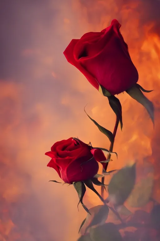 Image similar to Photo of A red rose on fire, highly detailed, depth of field, fine art photography, Cinestill 800t, wide shot, photo print, best selling.