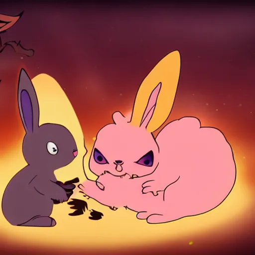 Image similar to a cute bunny fighting against the biggest demon of all time